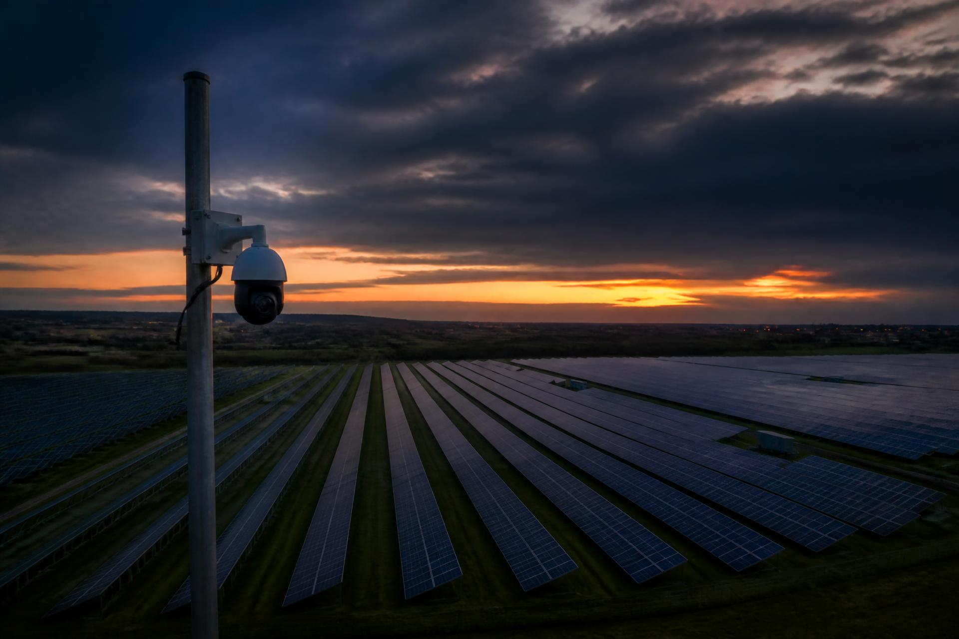 solar farm at dusk with a PTZ CCTV camera mounted on a pole overlooking rows of solar panels