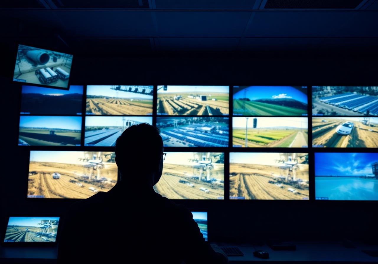 Operator in a 24/7 CCTV monitoring control room watching multiple solar farm camera feeds