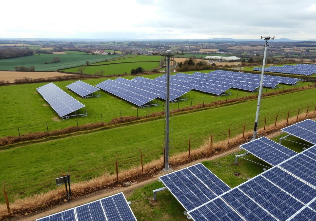 solar farm with perimeter fencing and CCTV pole overlooking rows of solar panels